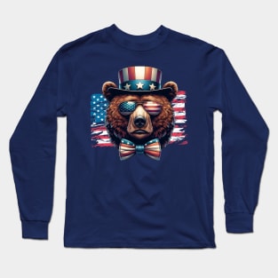 Bear Uncle Sam Hat Sunglasses American Flag 4th of July Long Sleeve T-Shirt